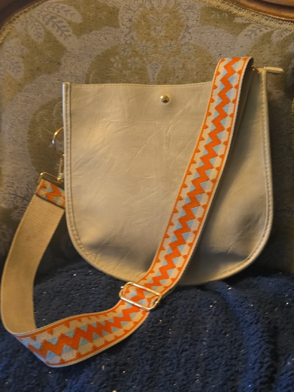Ivory Crossbody with Orange Geometric Strap